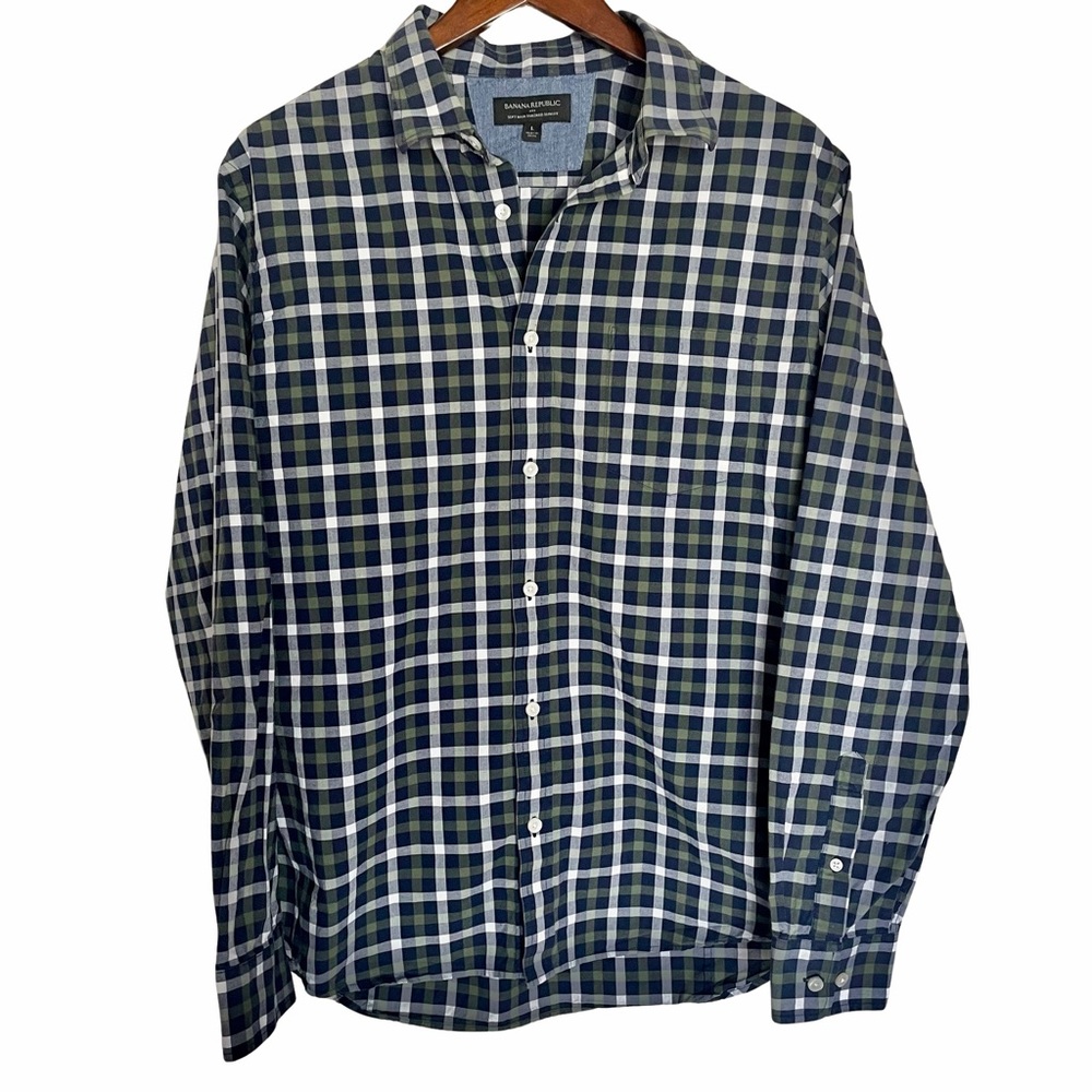 Banana Republic Factory Button Down Plaid Green Shirt Men’s L Slim Fit